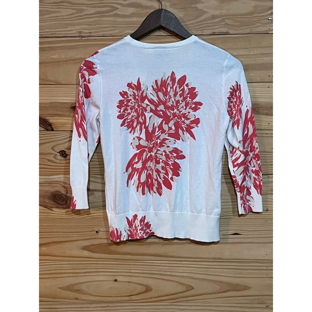 Ann Taylor White Coral Pink Floral Cotton Cardigan Sweater 3/4 Sleeve Size M - Picture 3 of 5